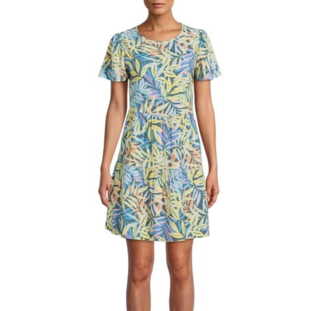 Time and Tru Tiered Tropical Print Short Sleeve Pullover Dress - Picture 2 of 10